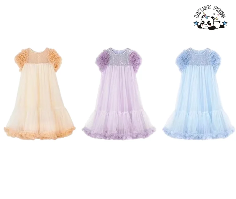 LEZONKIDS - Vestido de Lace com Manga Curta e Tecido de Lantejoulas Personalizado para Meninas de 2-14T